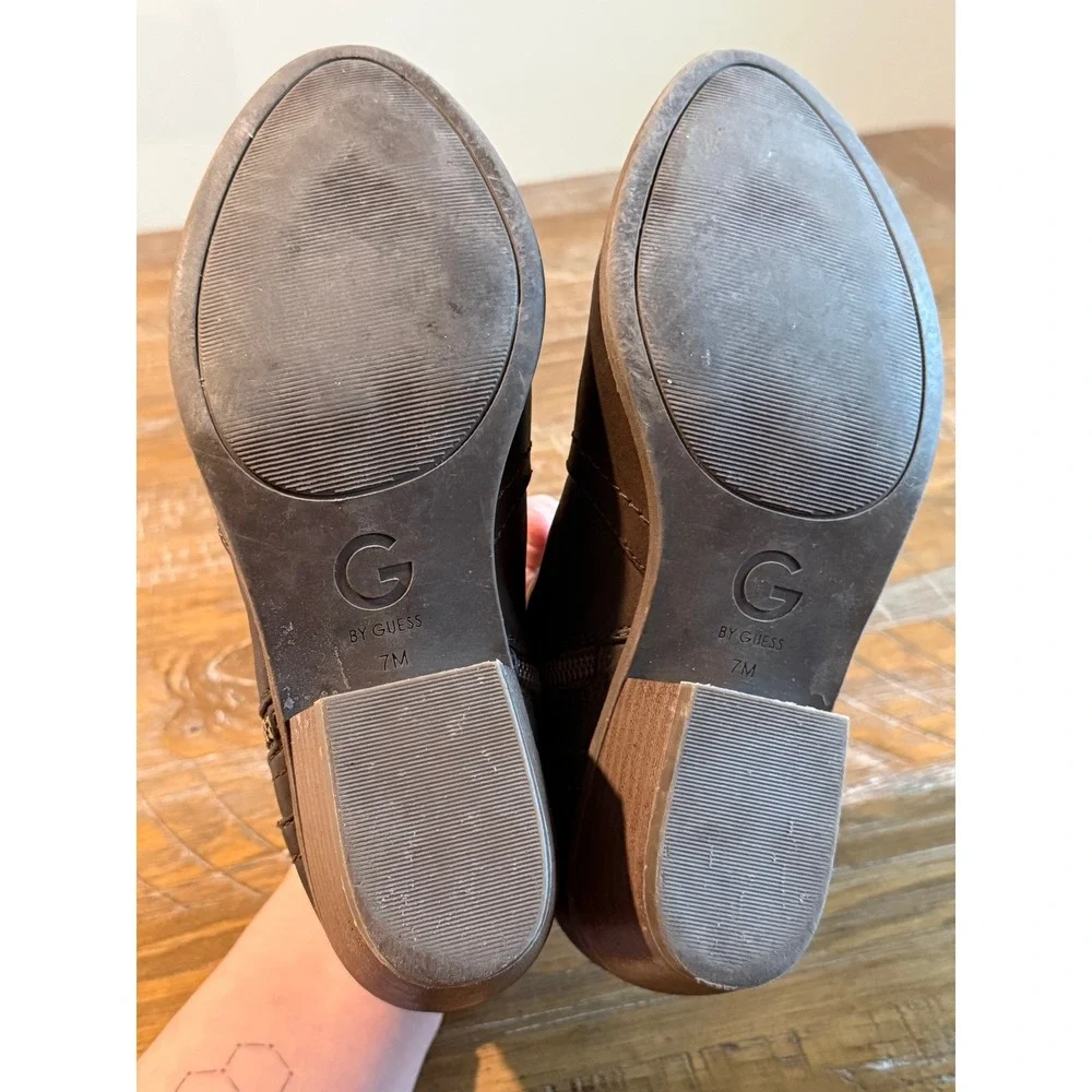 Guess Women's Brown Leather Side Zip Ankle Boots 7 Bootie‎ Block Heel Casual